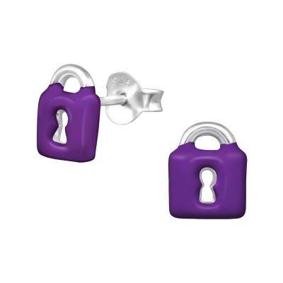 Children's Silver Padlock Ear Studs with Epoxy