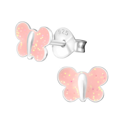 Children's Silver Glittering Butterfly Ear Studs with Epoxy