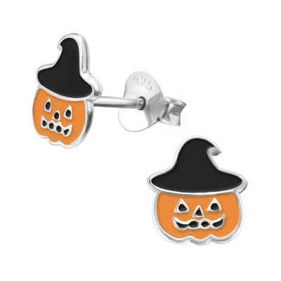 Children's Silver Pumpkin Ear Studs with Epoxy