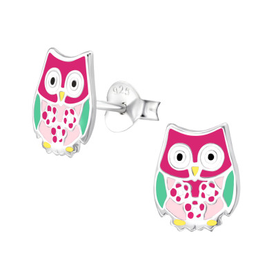 Children's Silver Owl Ear Studs with Epoxy