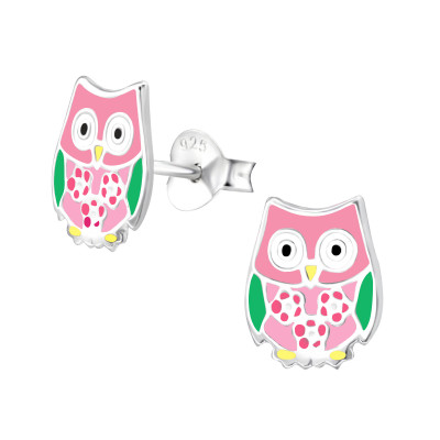 Children's Silver Owl Ear Studs with Epoxy