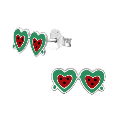 Children's Silver Heart Glasses Ear Studs with Epoxy