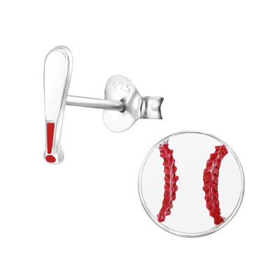 Children's Silver Baseball and Baseball Bat Ear Studs with Epoxy