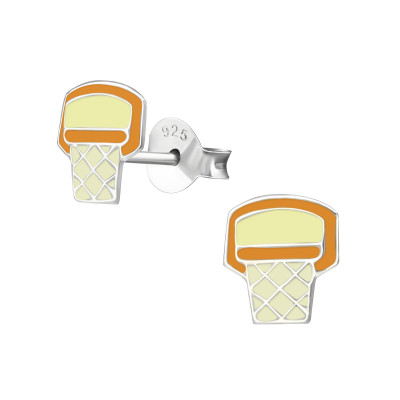 Children's Silver Basketball Hoop Ear Studs with Epoxy