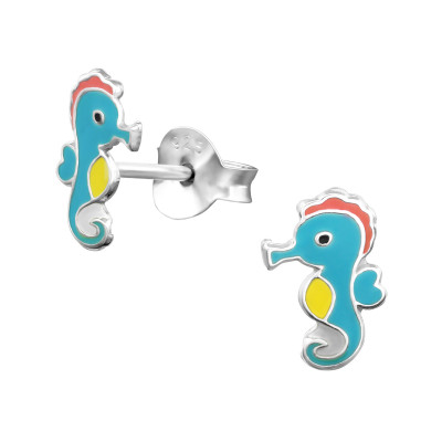 Children's Silver Seahorse Ear Studs with Epoxy