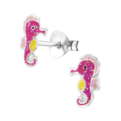 Children's Silver Seahorse Ear Studs with Epoxy