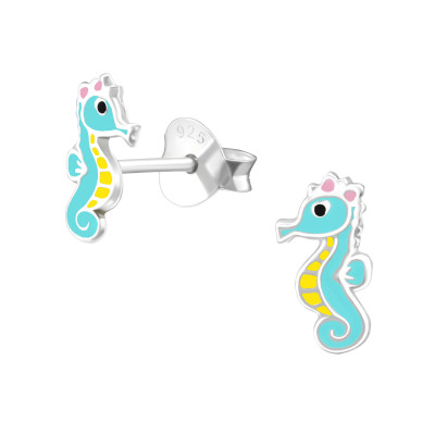 Children's Silver Seahorse Ear Studs with Epoxy