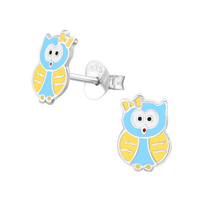 Children's Silver Owl Ear Studs with Epoxy