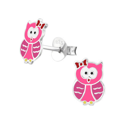 Children's Silver Owl Ear Studs with Epoxy