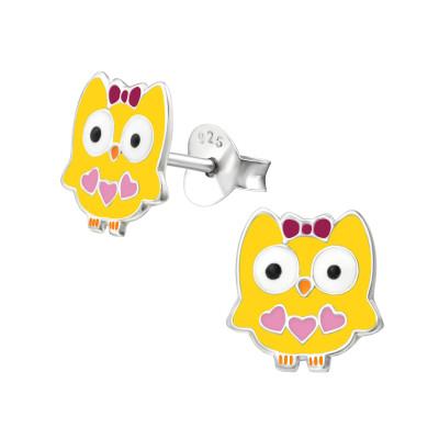 Children's Silver Owl Ear Studs with Epoxy