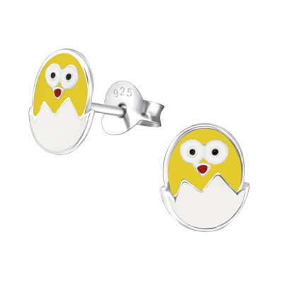 Children's Silver Egg and Chick Ear Studs with Epoxy