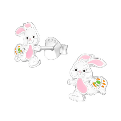 Children's Silver Easter Bunny Ear Studs with Epoxy