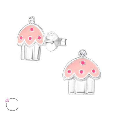 Children's Silver Cupcake Ear Studs with Epoxy and Genuine European Crystals