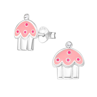 Children's Silver Cupcake Ear Studs with Crystal and Epoxy