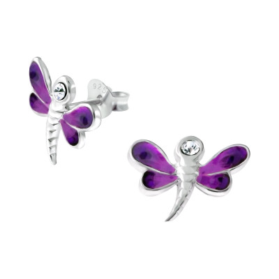 Children's Silver Dragonfly Ear Studs with Crystal and Epoxy