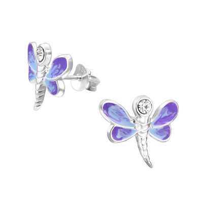 Children's Silver Dragonfly Ear Studs with Crystal and Epoxy