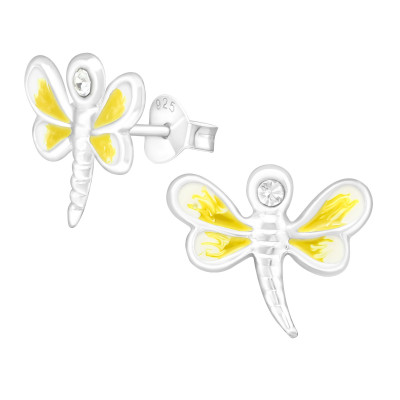 Children's Silver Yellow Dragonfly Ear Studs with Crystal and Epoxy