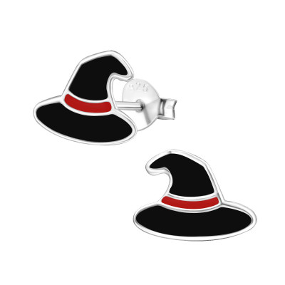 Children's Silver Witch Hat Ear Studs with Epoxy