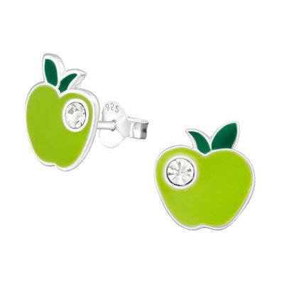 Children's Silver Apple Ear Studs with Crystal and Epoxy