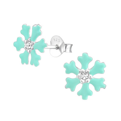 Children's Silver Snowflake Ear Studs with Crystal and Epoxy