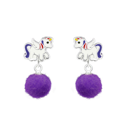 Children's Silver Unicorn Ear Studs with Epoxy and Hanging  Pom Pom