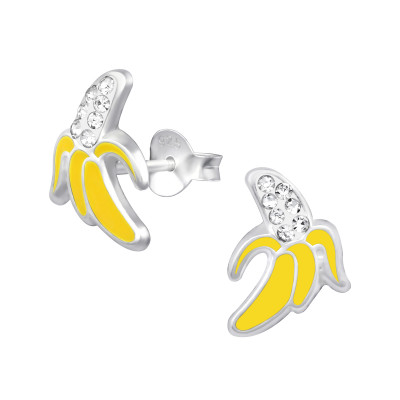 Children's Silver Banana Ear Studs with Crystal and Epoxy