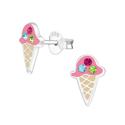 Children's Silver Ice Cream Ear Studs with Crystal and Epoxy