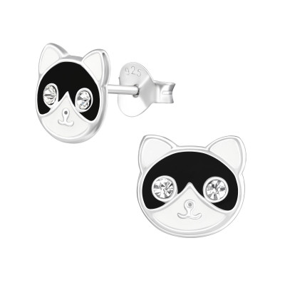 Children's Silver Cat Ear Studs with Crystal and Epoxy