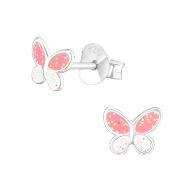 Children's Silver Butterfly Ear Studs with Epoxy