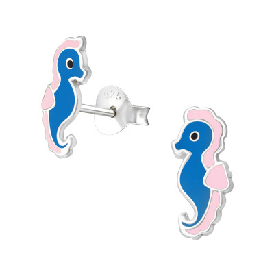 Children's Silver Seahorse Ear Studs with Epoxy