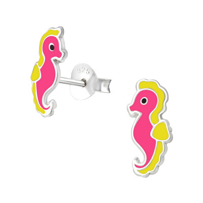 Children's Silver Seahorse Ear Studs with Epoxy