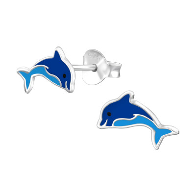 Children's Silver Dolphin Ear Studs with Epoxy