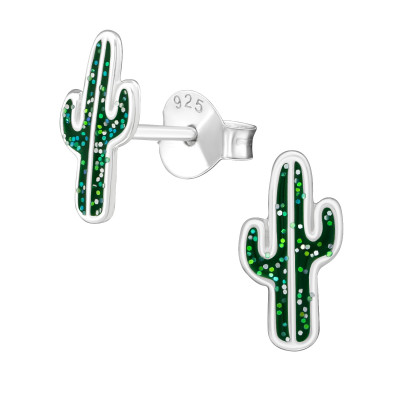 Children's Silver Cactus Ear Studs with Epoxy