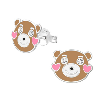 Children's Silver Bear Ear Studs with Crystal and Epoxy