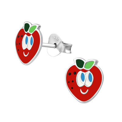 Children's Silver Strawberry Ear Studs with Epoxy