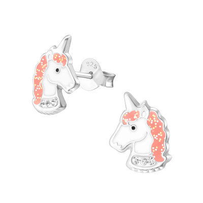 Children's Silver Unicorn Ear Studs with Crystal and Epoxy