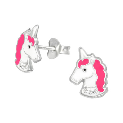 Children's Silver Unicorn Ear Studs with Crystal and Epoxy