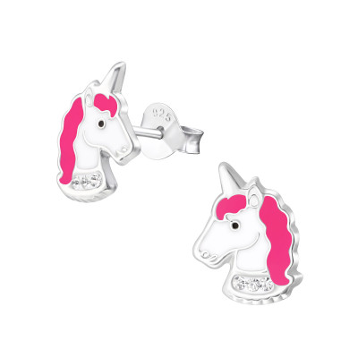 Children's Silver Unicorn Ear Studs with Crystal and Epoxy