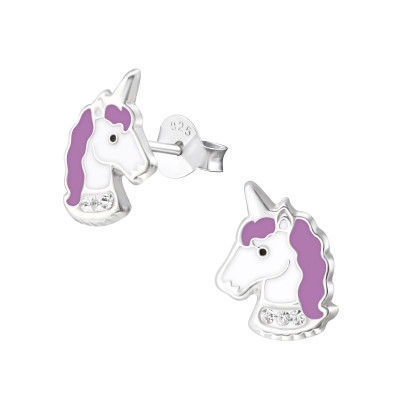 Children's Silver Unicorn Ear Studs with Crystal and Epoxy