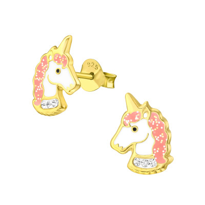 Children's Silver Unicorn Ear Studs with Crystal and Epoxy