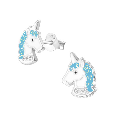 Children's Silver Unicorn Ear Studs with Crystal and Epoxy