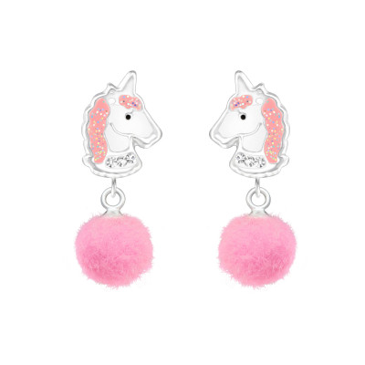 Children's Silver Epoxy Unicorn Ear Studs with Crystal and Hanging Pom Pom 