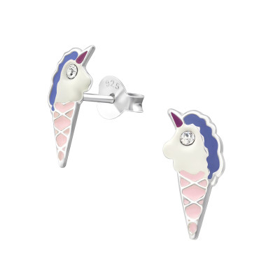 Children's Silver Unicorn Ice Cream Ear Studs with Crystal and Epoxy