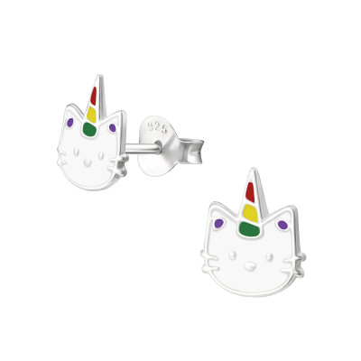 Children's Silver Caticorn Ear Studs with Epoxy