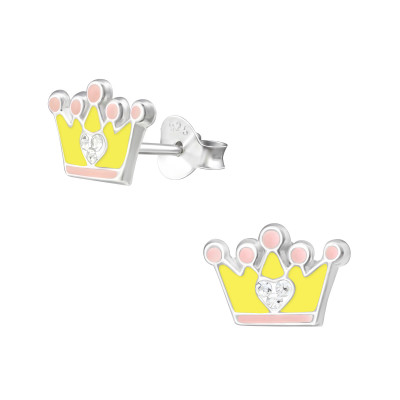 Children's Silver Crown Ear Studs with Crystal and Epoxy