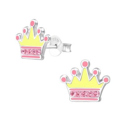 Children's Silver Crown Ear Studs with Crystal and Epoxy