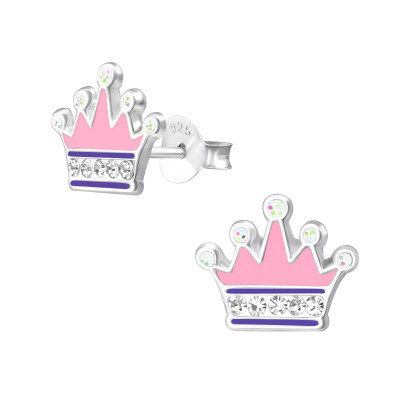 Children's Silver Crown Ear Studs with Crystal and Epoxy