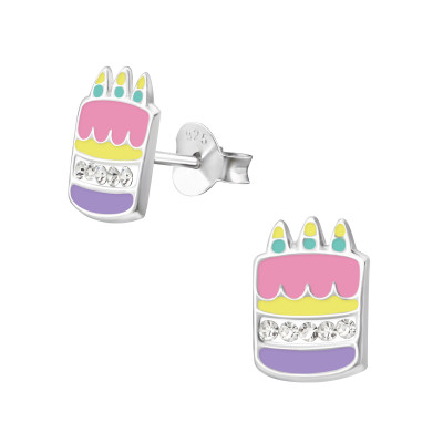 Children's Silver Cake Ear Studs with Crystal and Epoxy