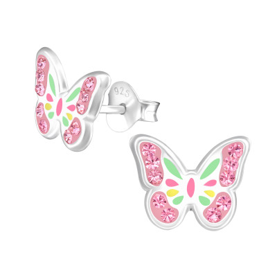 Children's Silver Butterfly Ear Studs with Crystal and Epoxy