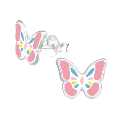 Children's Silver Butterfly Ear Studs with Epoxy